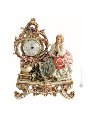 DAME AUF BANK Tischuhr Kaminuhr Porzellan Capodimonte handgemacht Made in Italy