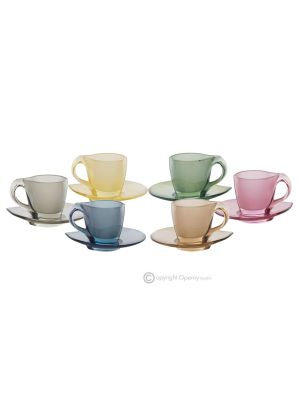 MOM Set mit 6 handbemalten Cappuccino-Tassen und Untertassen aus hochwertigem Glas.