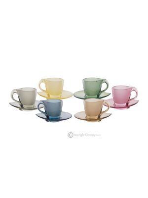 MOM Set mit 6 handbemalten Espressotassen und Untertassen aus hochwertigem Glas.