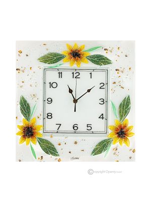 SONNENBLUMEN-Wanduhr, aus transparentem Glas mit Tropfen, Reliefdesign, handgefertigt