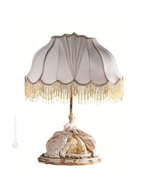 DAME MIT BARSOIS - LAMPE Tischlampe Abat-jour Tischluechte Porzellan Capodimonte Made in Italy