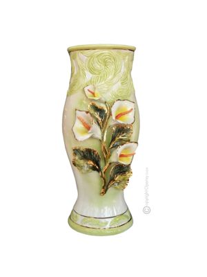 ILLUSTRO Italienische Keramik Vase handgemacht 24k Goldfarbe Blumen Barockstil handbemalt