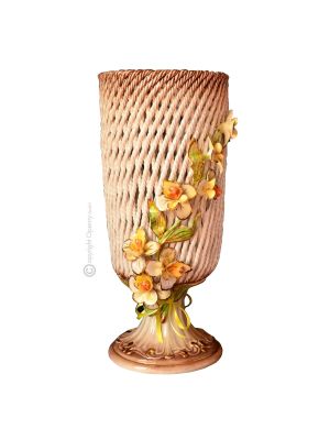 SOLARE Italienische Keramik Vase handgemacht 24k Goldfarbe Blumen Barockstil handbemalt