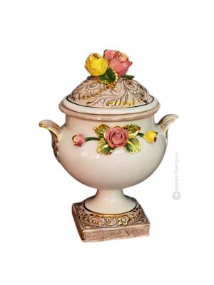 VASE MIT DECKEL Exklusives Ornament aus Keramik Barockstil mit 24k Goldfarbe