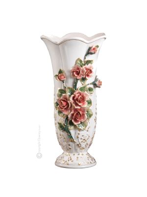 ILLUSTRE Italienische Keramik Vase handgemacht 24k Goldfarbe Blumen Barockstil handbemalt