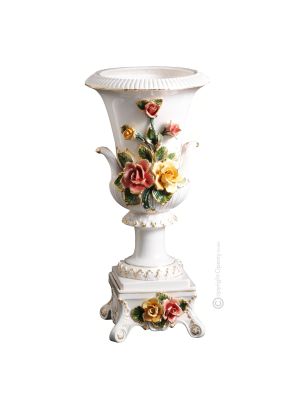 MAGNIFICO Italienische Keramik Vase handgemacht 24k Goldfarbe Blumen Barockstil handbemalt