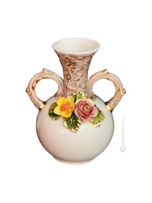 MANSUETO Italienische Keramik Vase handgemacht 24k Goldfarbe Blumen Barockstil handbemalt