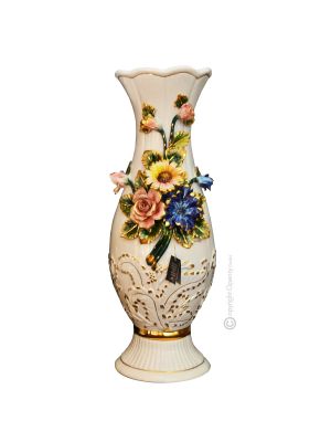 SOAVE Italienische Keramik Vase handgemacht 24k Goldfarbe Blumen Barockstil handbemalt