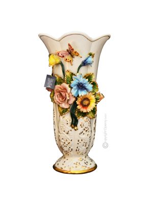 BELLEZZA Italienische Keramik Vase handgemacht 24k Goldfarbe Blumen Barockstil handbemalt