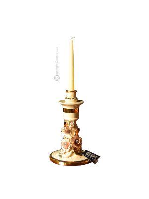 PORTACANDELE Kerzenhalter Keramik Kreationen Exklusives Ornament aus Keramik Barockstil mit 24k Goldfarbe Swarovski-Kristalle