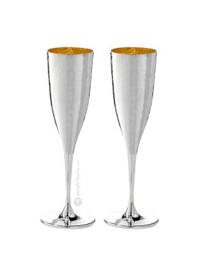 CALICI FLUTE Set 2 Gläser Stielglas Vergoldet Versilbert Edelmetalle Handgemacht Made in Italy