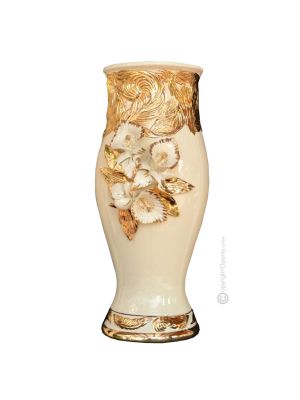 ARMONIOSO Italienische Keramik Vase handgemacht 24k Goldfarbe Blumen Barockstil handbemalt