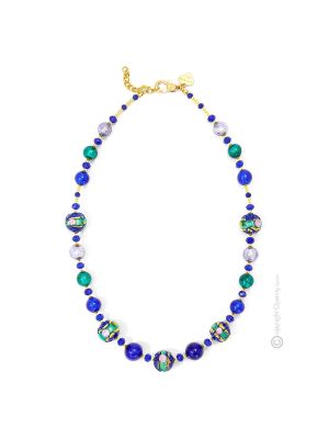 FIORE Murano Glas Kette Damen mundgeblasene Glasperlen Modeschmuck 24k Goldblatt Perlenkette