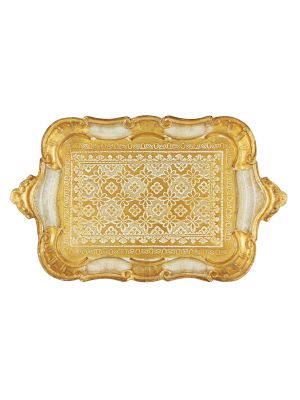VASSOIO DORATO TAPPETO BIANCO Holztablett Rechteckig Tablett Gold Weiß Dekoration Holz Handarbeit Made in Italy