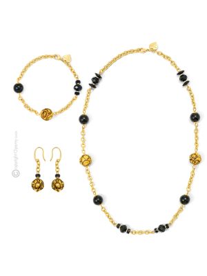 MERLETTO 39 Schmuckset Damen Luxus Schmuck Murano Glas 24k Blattgold mundgeblasene Glasperlen