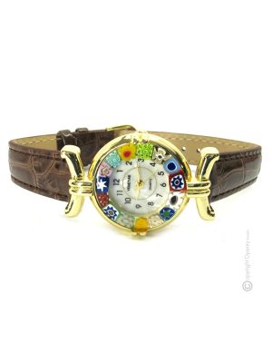 LADY ORO 4 Muranoglas Schmuck Armbanduhr Damen Leder Armband elegant Italienisches Design