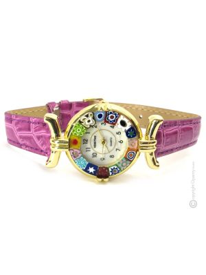 LADY ORO 11 Murano Glas Schmuck Armbanduhr Damen Lederarmband Venedig Stil elegant stilvoll