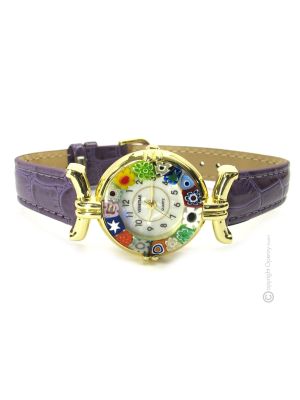 LADY ORO 19 Edle Damenuhr Murano Glas Schmuck Lederarmband Venedig Stil Italienisches Design