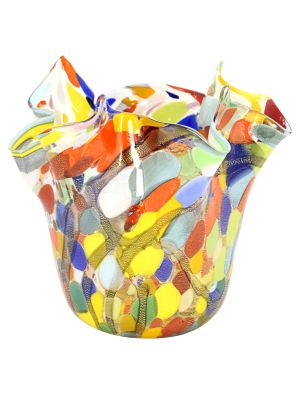 FAZZOLETTO MACCHIE FILI NERI Murano Glas Schale Vase Blattgold 24K Made Italy Handarbeit